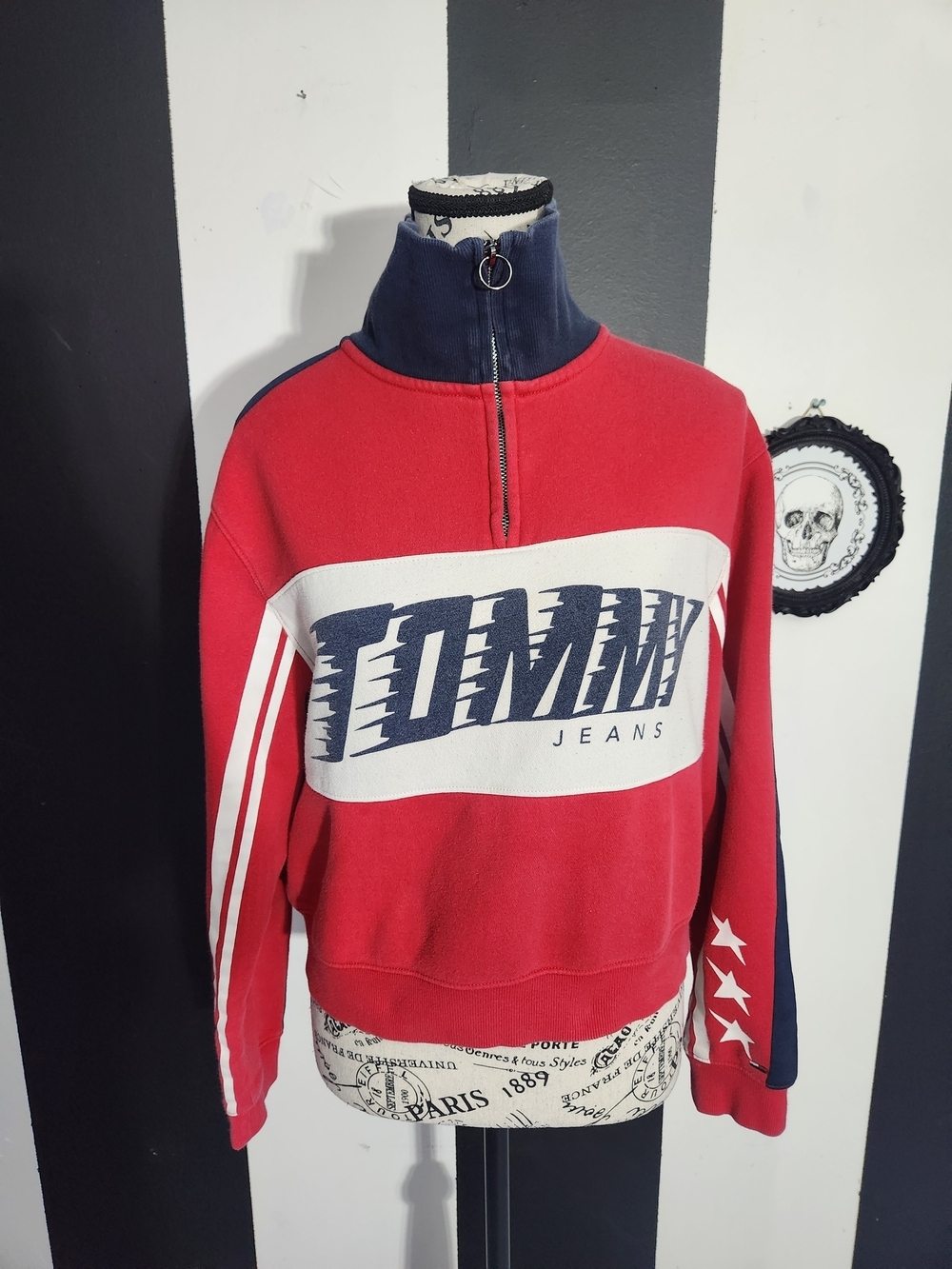 Vintage Tommy Hilfiger Red & Navy Zip Mock Neck Sweatshirt